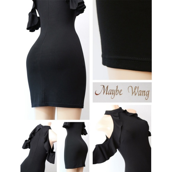 Black Mock Neck Ruffle Cold Shoulder Bodycon Dress - Picture 6 of 8
